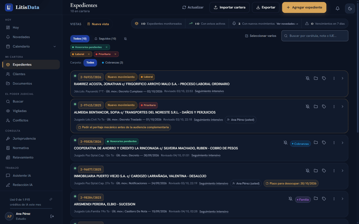 El panel de la cartera de LitisData: diez expedientes de ejemplo con su carátula, sede, último movimiento, etiquetas y plazos